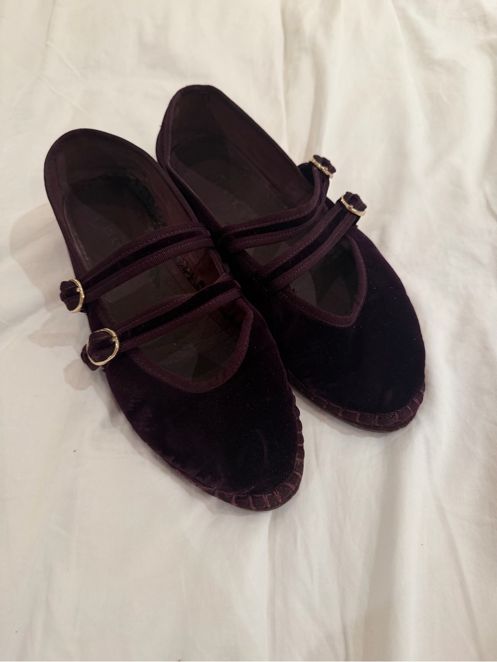 Double-Strap Velvet Mary Jane Flats in Plum